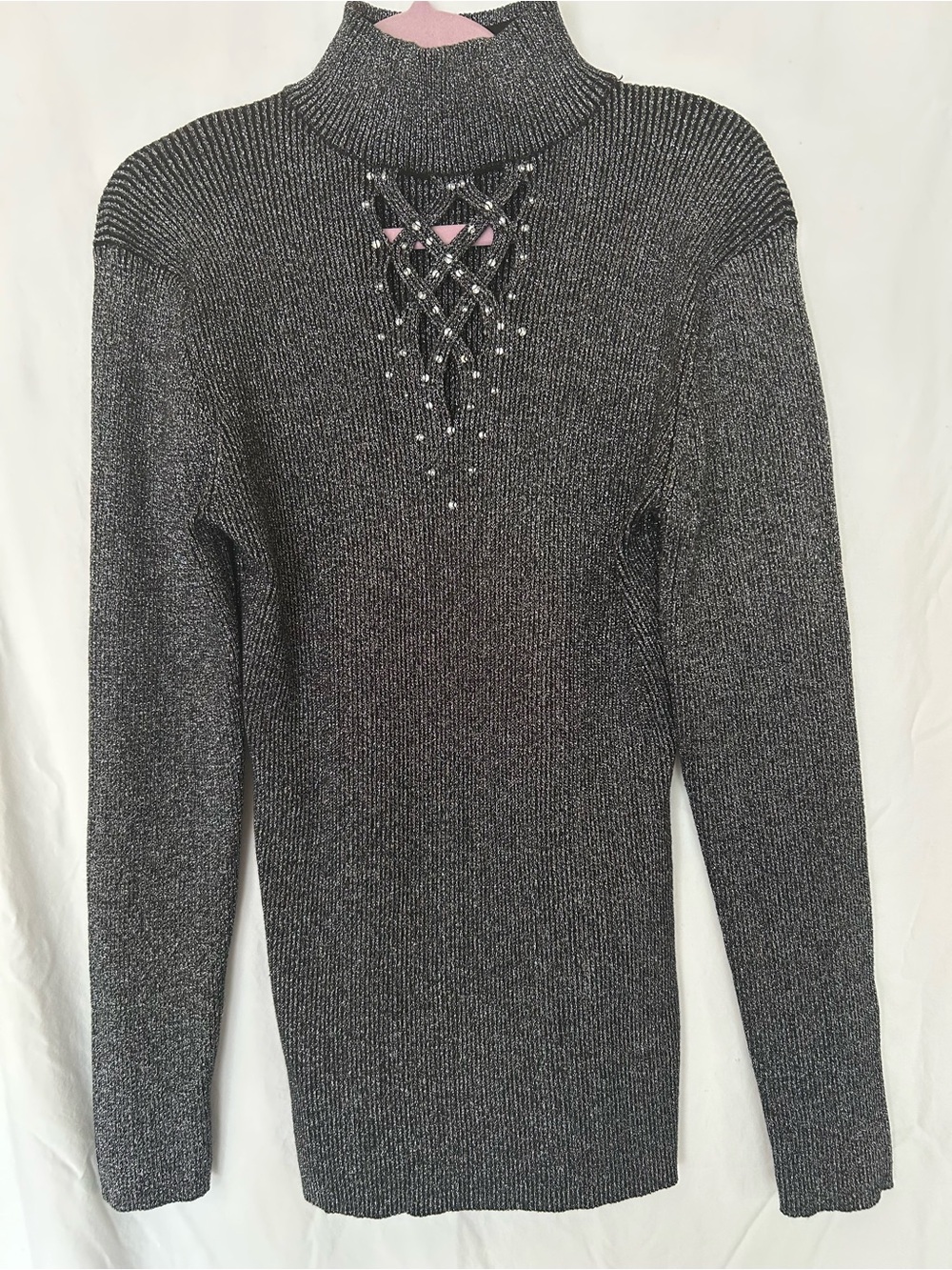 Reba Black Silver Metallic Rhinestone Lace Up Mock Neck Sweater Large